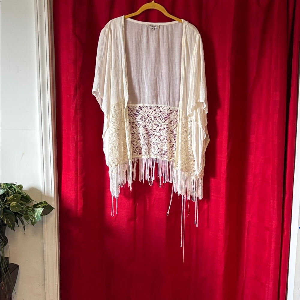 Magic Cream Crochet Fringe Kimono Shrug, just needs some work on the fringe,